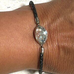 Swarovski Black Braided Leather Oval Crystal Bracelet Silver Designer Signed